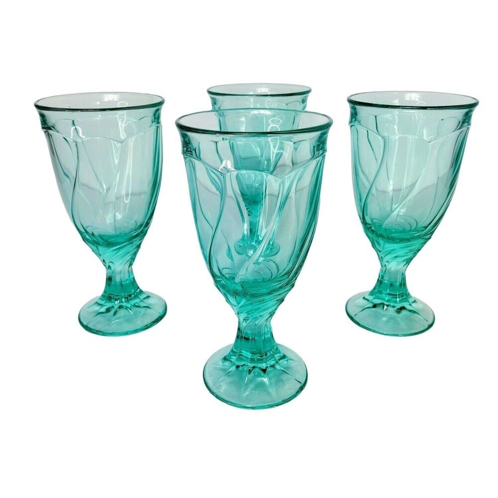 Vintage Noritake Aquamarine "Sweet Swirl" Set Of Four Water Wine Goblets Glasses